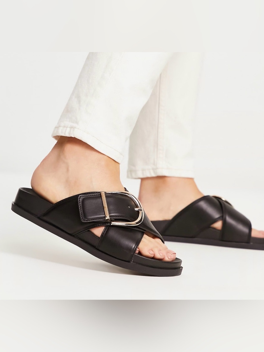 ASOS DESIGN Flash Buckle Cross-Vamp Flat Sandals in black, size 42= 11